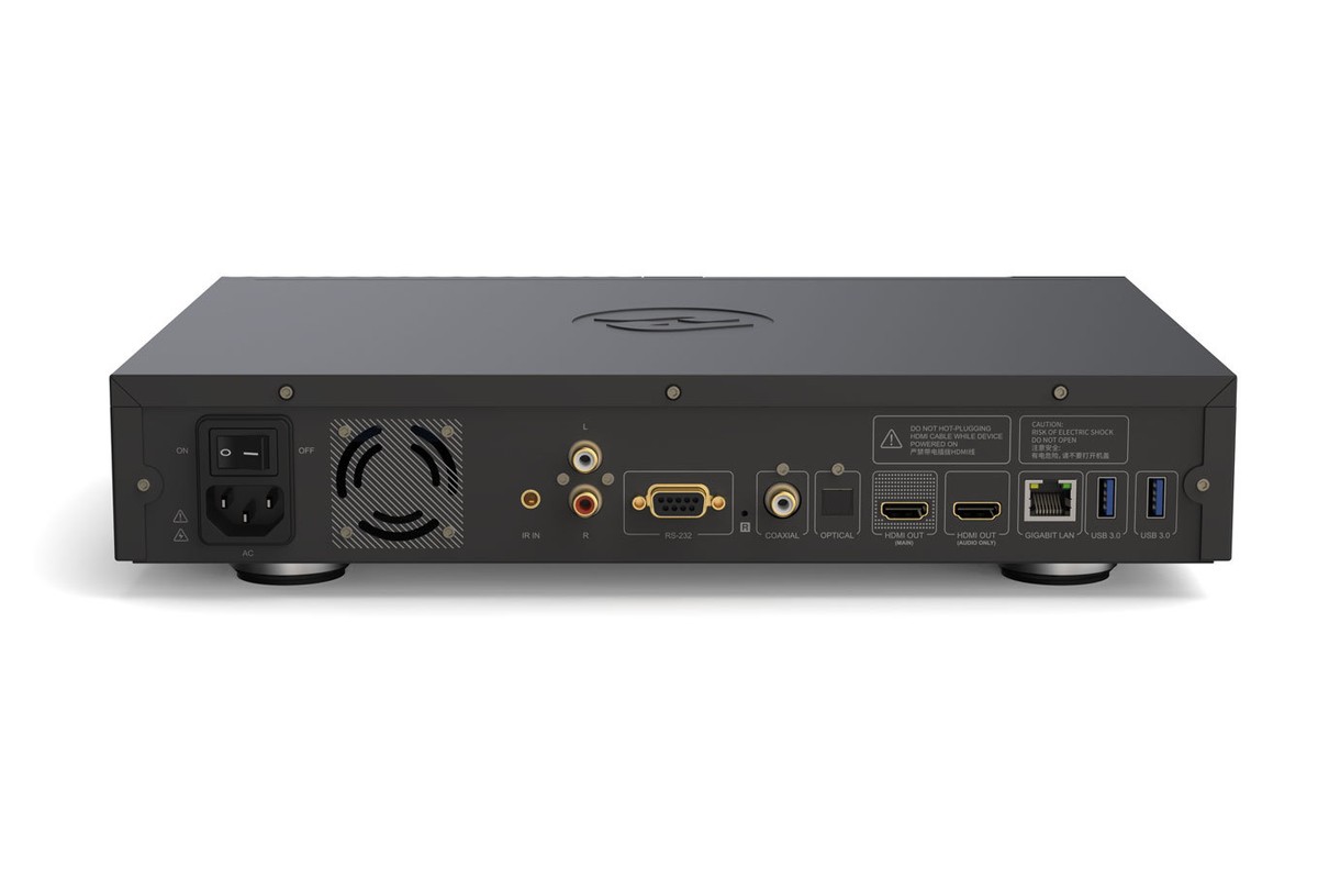 Rear panel with mains socket, fan, coaxial and RCA outputs, serial port, two HDMI, Ethernet and USB