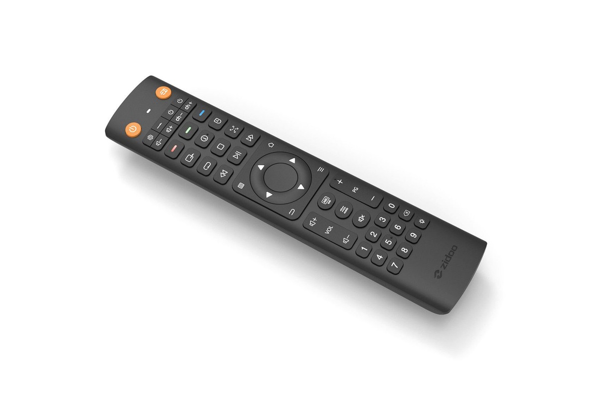 Zidoo V11 vue de trois quarts sur fond blanc, touches orange en haut