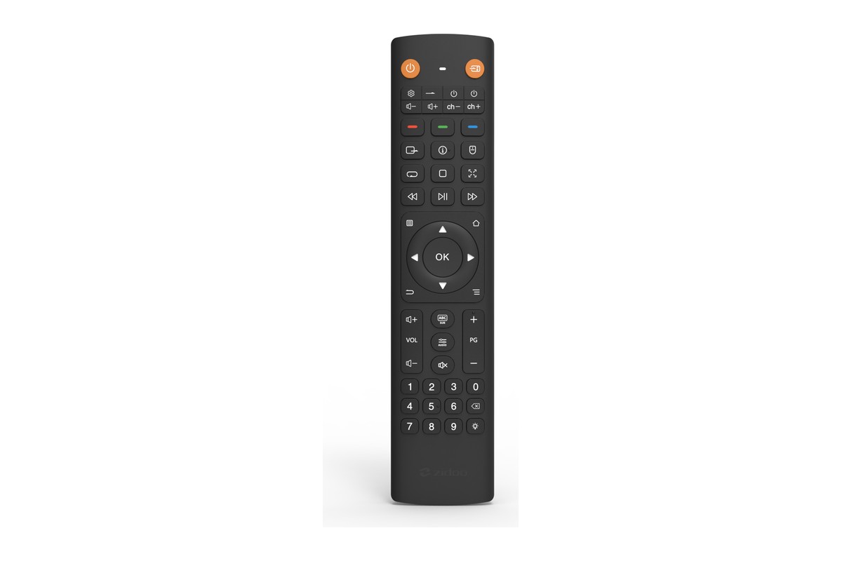 Télécommande noire vue de face, pavé directionnel avec touche OK et clavier numérique